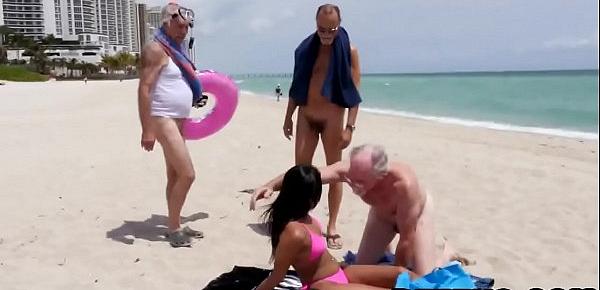  Some horny old perverts pick up hot Latin teen on a beach and fuck her good